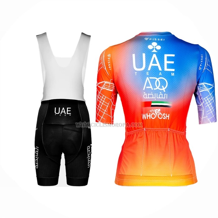 2023 Ropa Ciclismo Uae Azul Naranja Mangas Cortas y Culotte Corto